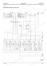 JCB 8052, 8060 hydraulic circuit schematic diagram showing pumps, control valves, and actuator connections.