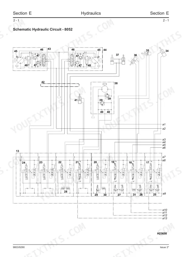 JCB 8052, 8060 hydraulic circuit schematic diagram showing pumps, control valves, and actuator connections.