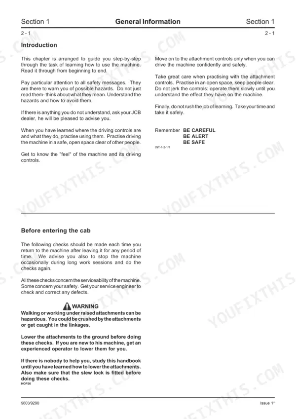 JCB 8052, 8060 service manual introduction, operator safety guidelines, and pre-entry cab inspection procedures.