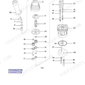 JCB 8055, 8065 exploded view diagram of servo hand controller components for dismantling and assembly.
