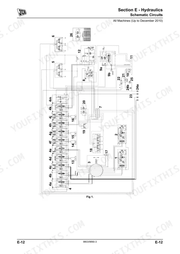 JCB 8055, 8065 hydraulic schematic circuit diagram showing control valves, pumps, and system components for 2010 models.