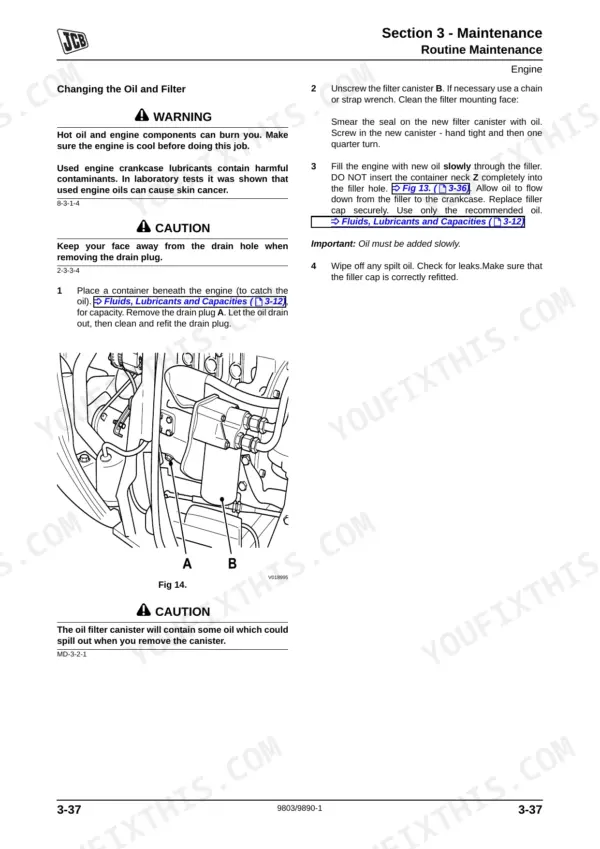 JCB 8055, 8065 maintenance manual page showing engine oil and filter change procedure with diagram of filter canister.