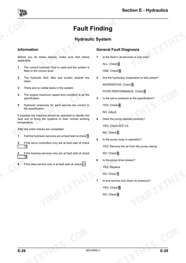 JCB 8055, 8065 hydraulic system fault finding and general fault diagnosis troubleshooting guide page E-29.
