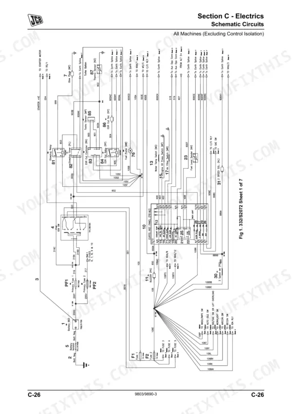JCB 8055, 8065 electrical schematic circuit diagram showing glow plug, fuel pump, and Curtis instrument panel wiring.