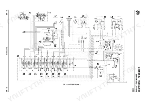 JCB 8056, ISUZU 4JG1PBW hydraulic schematic diagram showing control valves, joysticks, and pump circuits.