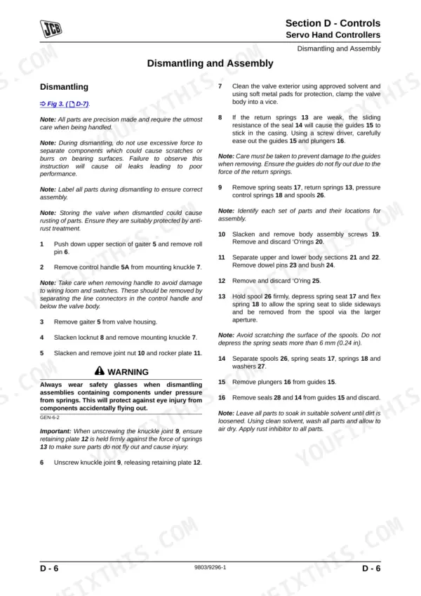 JCB 8056, ISUZU 4JG1PBW service manual: dismantling and assembly procedure for servo hand controller valve components.