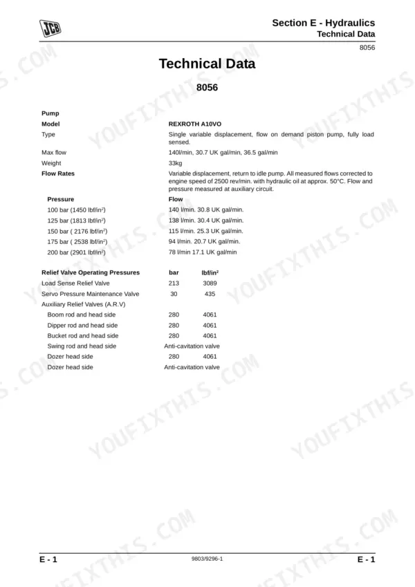 JCB 8056, ISUZU 4JG1PBW hydraulic technical data, Rexroth A10VO pump flow rates, and relief valve pressure settings table.