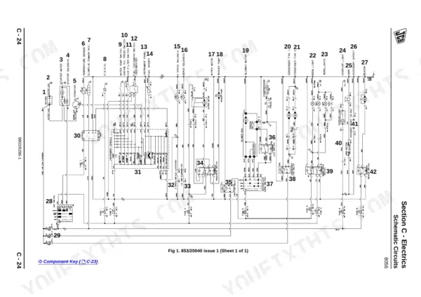 JCB 8056, ISUZU 4JG1PBW electrical schematic diagram showing circuits for starter, alternator, wiper, blower, and lights.