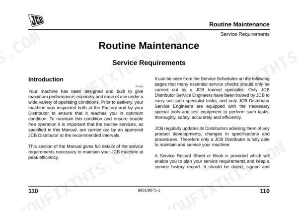 JCB 8056 routine maintenance service requirements introduction page 110 detailing service schedule guidelines.
