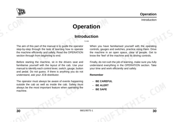 JCB 8056 operator manual page 30, Operation Introduction section covering machine control familiarization and safety.