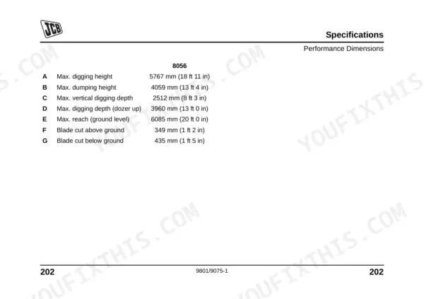 JCB 8056 specifications table listing performance dimensions for digging height, depth, reach, and blade cut measurements.