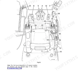 JCB 8080 operator manual page showing a numbered diagram of the cab layout, including seat, joysticks, and foot pedals.