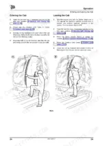 JCB 8080 operator manual page showing procedures for entering and leaving the cab with diagrams A and B.