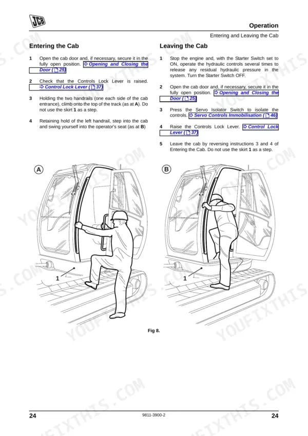 JCB 8080 operator manual page showing procedures for entering and leaving the cab with diagrams A and B.