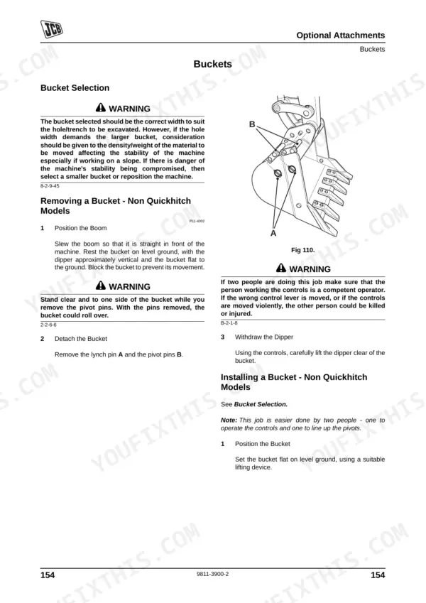 JCB 8080 manual page showing bucket selection, removal, and installation procedures for non-quickhitch models with diagram.