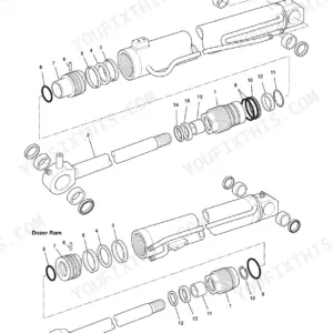 JCB 8080, 4JG1 exploded view diagram of hydraulic boom ram and dozer ram components with numbered parts list.