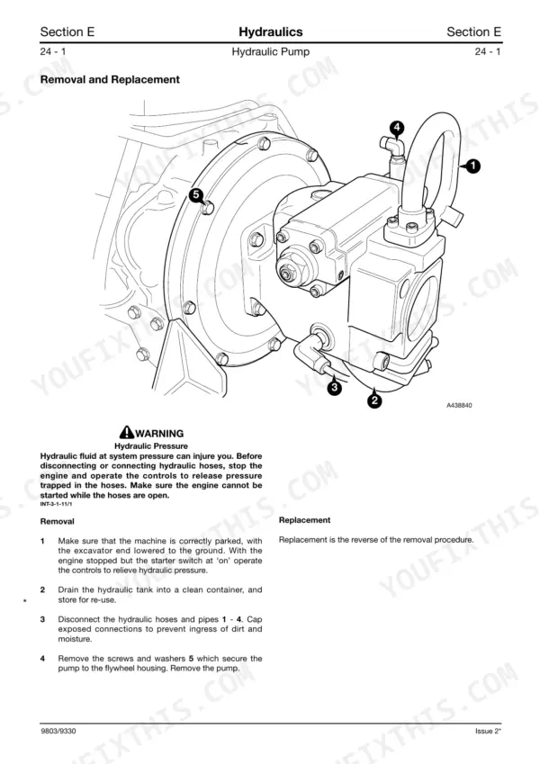 JCB 8080, 4JG1 hydraulic pump removal and replacement procedure diagram showing pump mounting and hose connections.
