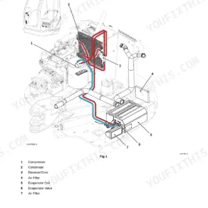 JCB 8085, JCB 8085 air conditioning system diagram showing compressor, condenser, receiver/drier, and evaporator components.