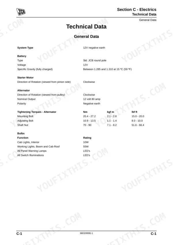 JCB 8085, JCB 8085 electrical technical data, battery specs, alternator torque settings, and bulb ratings table.