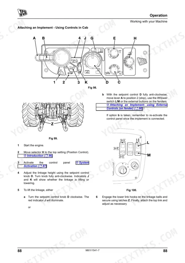 JCB 8250 Fastrac operator manual page showing cab controls and procedures for attaching an implement to the rear linkage.
