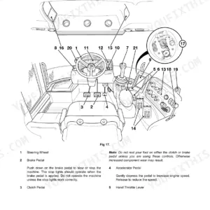 JCB 8250 Fastrac cab layout diagram showing steering wheel, pedals, and operator controls with numbered index.