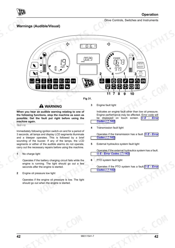 JCB 8250 Fastrac instrument cluster diagram showing audible and visual warning light indicators and fault descriptions.