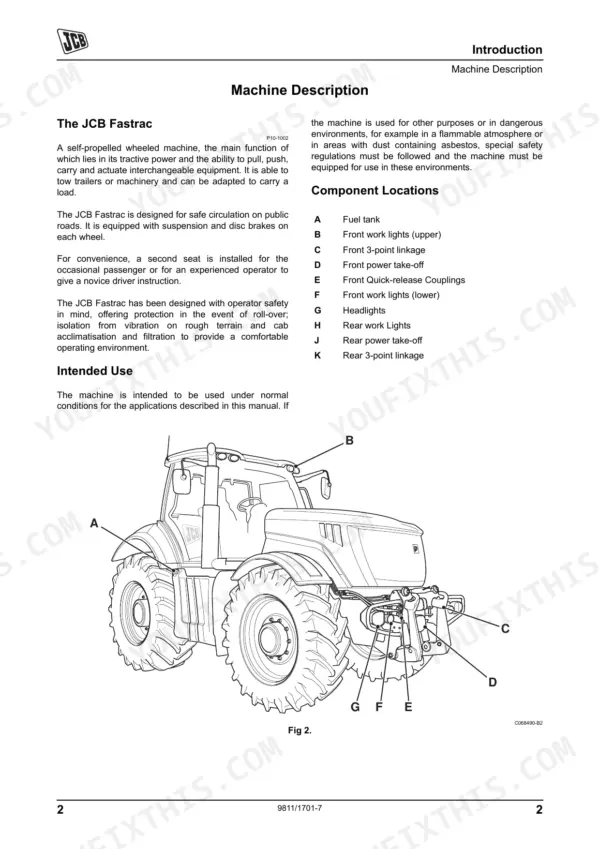 JCB 8250 Fastrac machine description and component location diagram with labeled parts list for tractor exterior.
