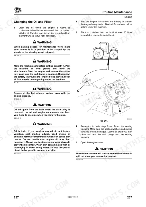 JCB 8250 Fastrac engine oil and filter change procedure with drain plug location diagram.