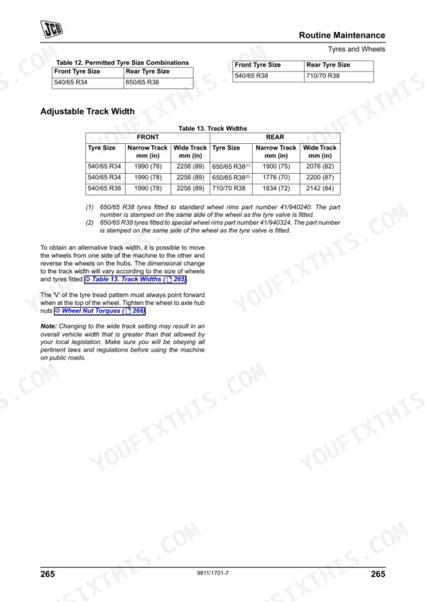 JCB 8250 Fastrac maintenance manual showing tyre size combinations and adjustable track width specification tables.