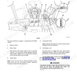 JCB 8280, 8310 cab layout diagram showing steering wheel, pedals, and park brake lever controls with numbered identification.