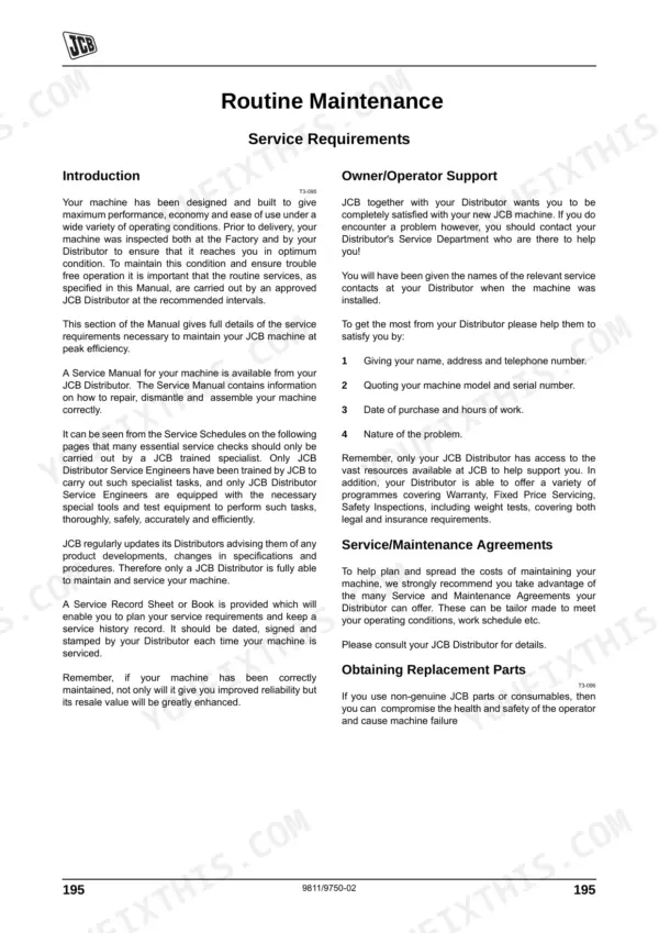 JCB 8280, 8310 Routine Maintenance introduction, owner support, and service agreement requirements page.