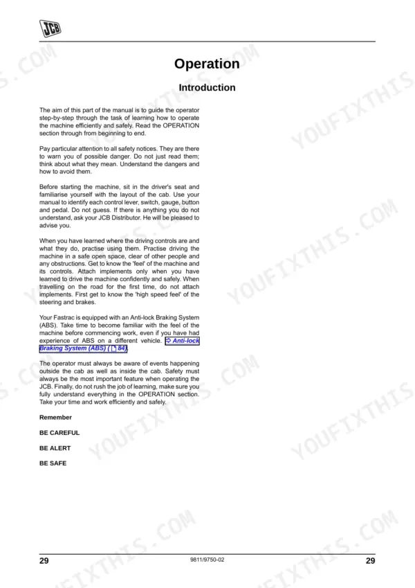 JCB 8280, 8310 operator manual introduction page covering machine operation, safety notices, and ABS braking system.