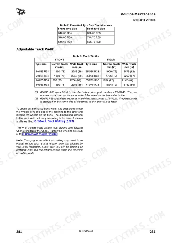JCB 8280, 8310 maintenance manual page showing tyre size combinations and adjustable track width specification tables.