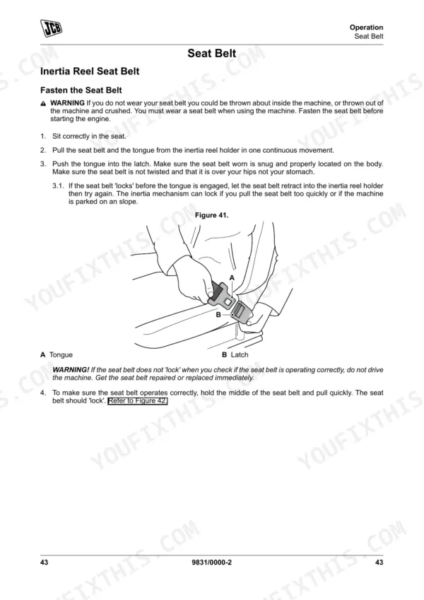 JCB 8290, 8330 operator manual page showing procedures to fasten the inertia reel seat belt and test the locking mechanism.