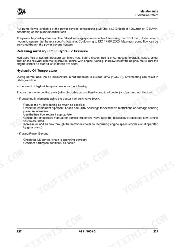 JCB 8290, 8330 maintenance manual page for hydraulic system pressure release and oil temperature troubleshooting.