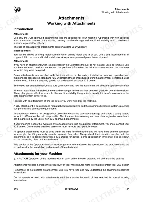 JCB 85Z-1, 86C-1 operator manual page covering safety, installation, and operation procedures for machine attachments.