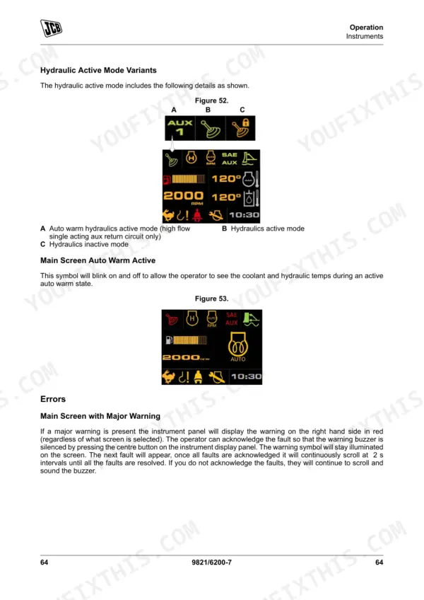 JCB 85Z-1, 86C-1 instrument panel display showing hydraulic active mode variants, auto warm status, and error warnings.