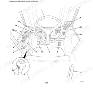 JCB 926, 930, 940 cab layout diagram showing steering wheel, gear lever, and operator control console components.