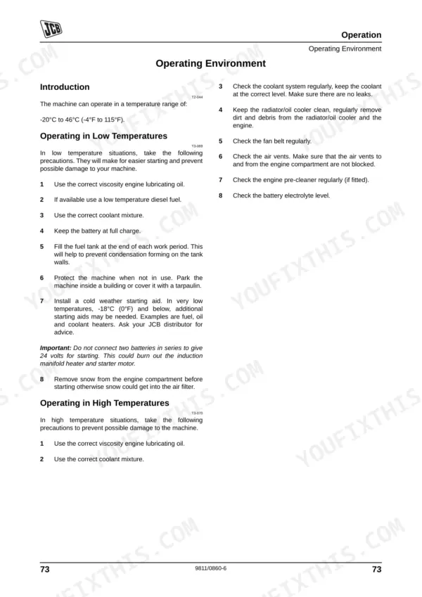 JCB 926, 930, 940 operating manual page covering low and high temperature environment procedures and maintenance.