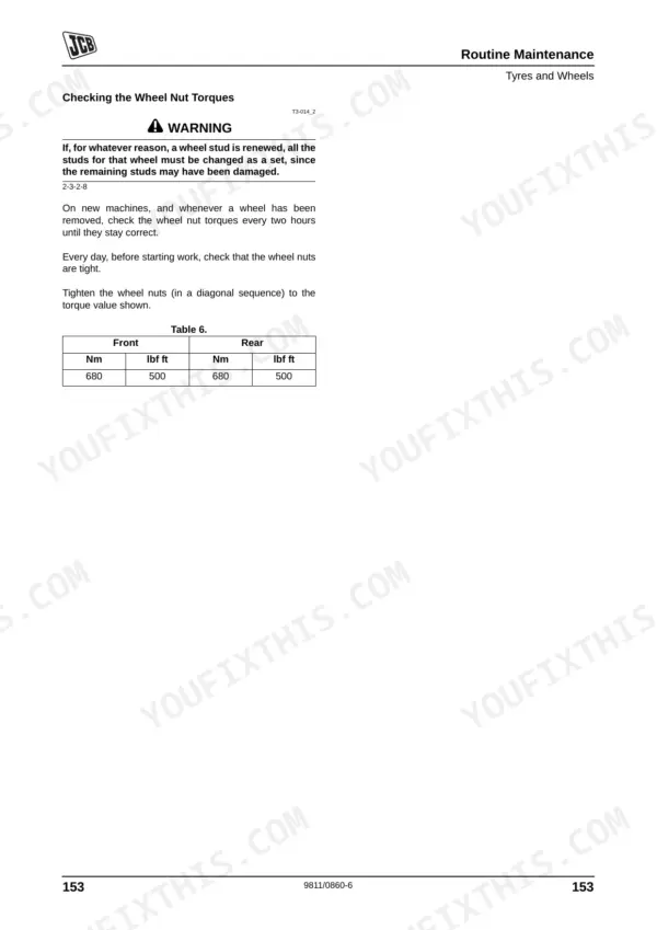 JCB 926, 930, 940 maintenance manual showing wheel nut torque specifications table and safety warning for wheel studs.