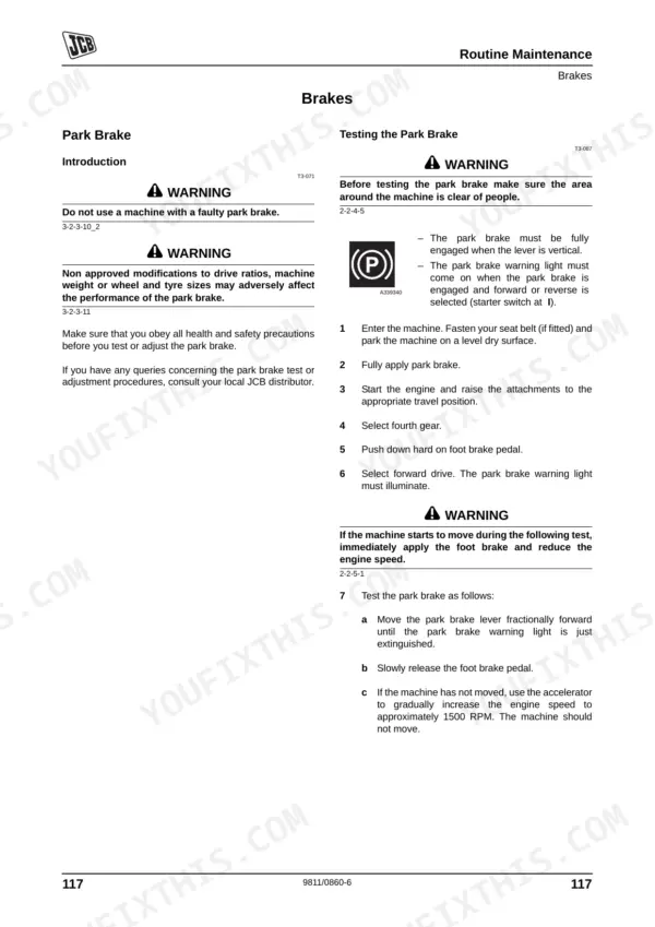JCB 926, 930, 940 maintenance manual page detailing park brake testing procedures and safety warnings.