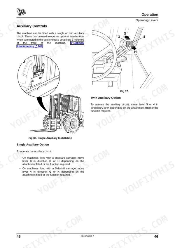 JCB 926, 930, 940, 950, 926-2, 926-4, 930-2, 930-4, 940-2, 940-4, 950-4 auxiliary control lever operation and coupling diagrams.
