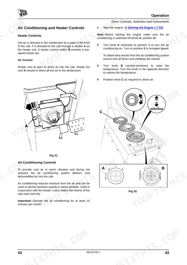 JCB 926, 930, 940, 950, 926-2, 926-4, 930-2, 930-4, 940-2, 940-4, 950-4 air conditioning and heater control operation guide.