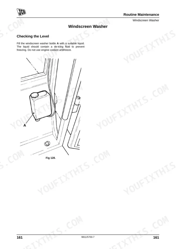 JCB 926, 930, 940, 950, 926-2, 926-4, 930-2, 930-4, 940-2, 940-4, 950-4 maintenance procedure for checking windscreen washer fluid.