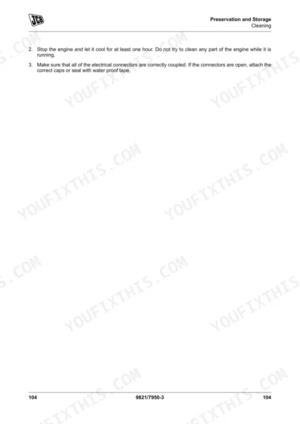 JCB 926, 930, 940, 950 manual page detailing engine cleaning procedures for preservation and storage.