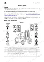 JCB 926, 930, 940, 950 safety label identification diagram and parts list table showing hazard warning locations.