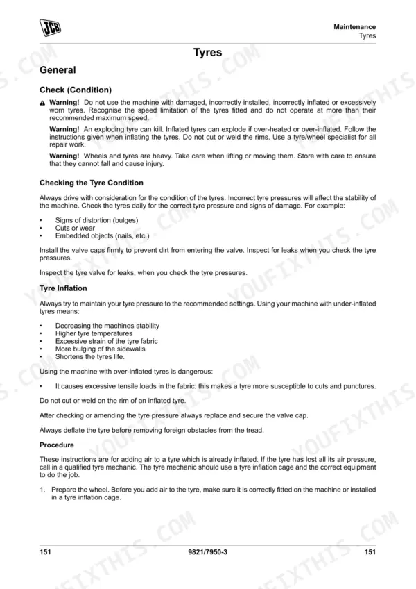 JCB 926, 930, 940, 950 maintenance manual page covering tyre condition inspection, inflation safety, and procedures.