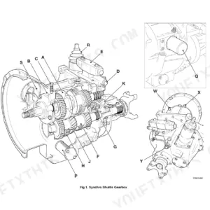 JCB 926, 930, 940, 950 Synchro Shuttle Gearbox exploded view diagram showing transmission housing, gears, and filter components.