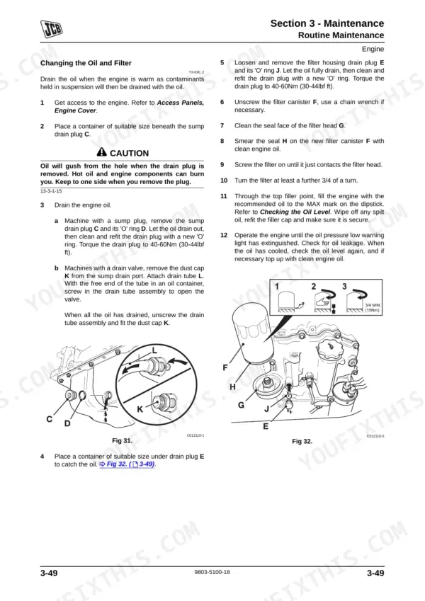 JCB 926, 930, 940, 950 engine oil and filter change procedure with sump drain and filter housing diagrams.