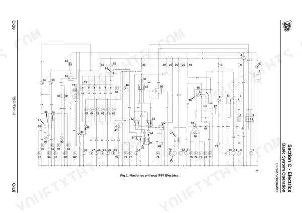 JCB 926, 930, 940, 950 electrical circuit schematic for machines without IP67 electrics, showing wiring and components.